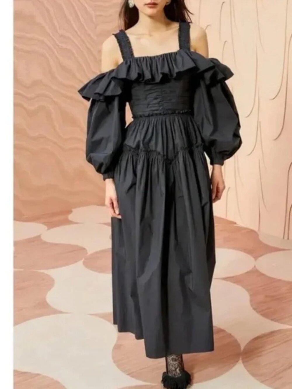 Ulla Johnson Black Caprice Dress Balloon sleeve Off Shoulder Ruffle Midi Maxi 4